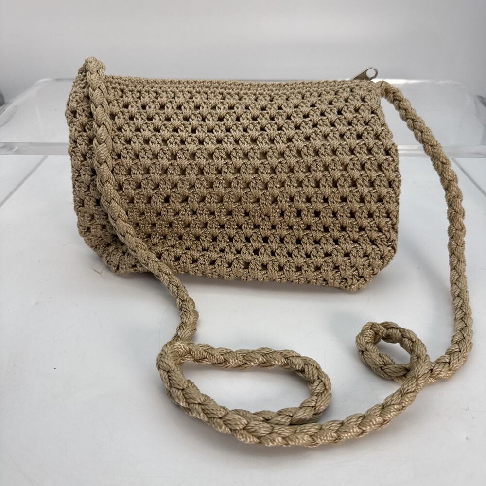 Vtg Lina Crochet Woven Crossbody Braided Strap Purse Tan Beige Zipper Pockets